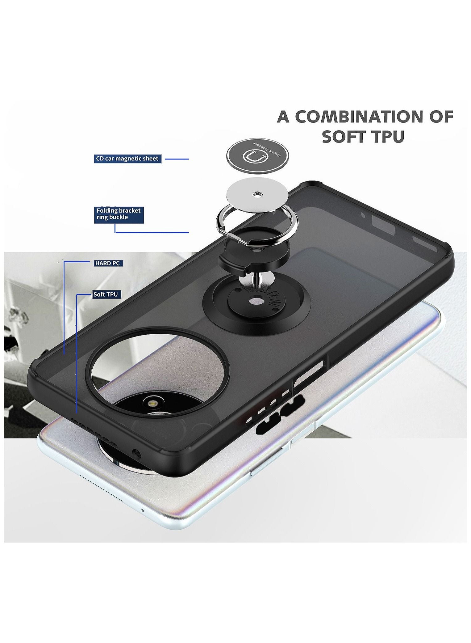 Honor X9 4G/5G Heavy Duty Case Hard Back Flexible Edges anti-scratch and shockproof Circular Ring Support Car Magnets Black Frame Honor X9 4G/5G Heavy Duty Case Hard Back Flexible Edges anti-scratch and shockproof Circular Ring Support Car Magnets Black Frame